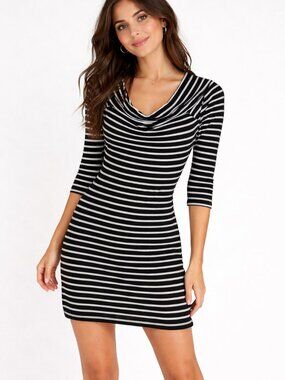 WHITE HOUSE BLACK MARKET Dress XS Striped Cowl Neck 3/4 Sleeve